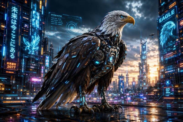 Cyber Eagle E-07 - Futuristisch Mechanisch Adelaar Schilderij in Cyberpunk Stad