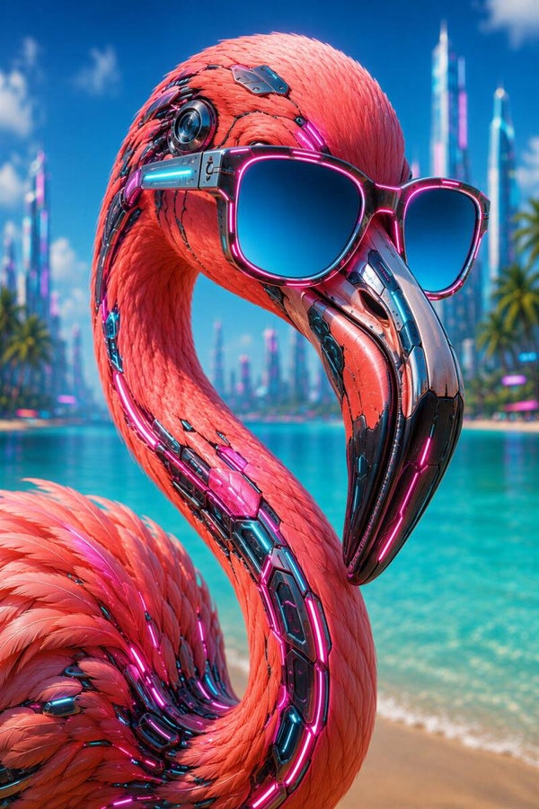 Cyber Flamingo - Stoer Mechanisch Flamingo Schilderij in Cyberpunk Resort