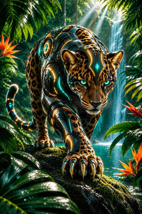Cyber Jaguar - Futuristisch Mechanisch Jaguar Schilderij bij Jungle Waterval