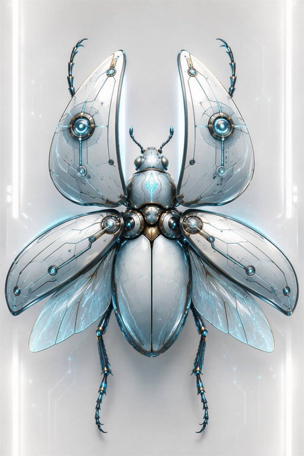 Cyber Beetle - Futuristisch Mechanisch Kever Schilderij met Neon Vleugels