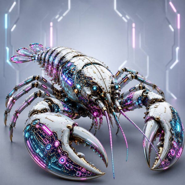 Cyber Lobster - Futuristisch Mechanisch Kreeft Schilderij met Neon Circuits