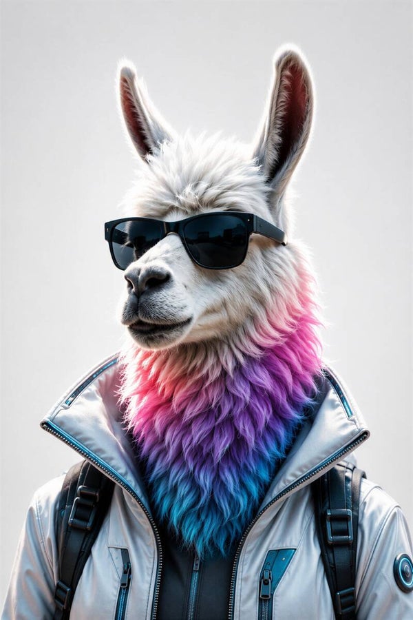 Cyber Llama - Stoer Alpaca Schilderij met Zonnebril en Neon Verloop