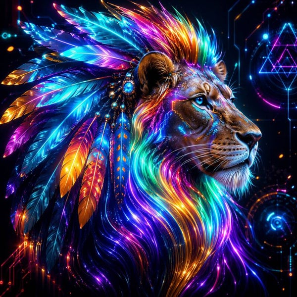 Neon Shaman Lion - Luxe Cyberpunk Leeuwen Schilderij met Kleurrijke Veren