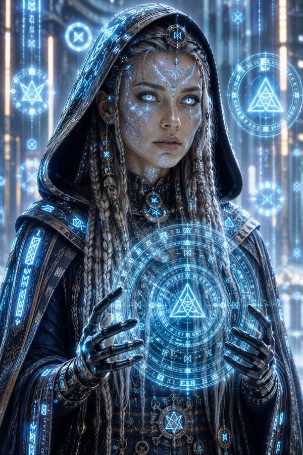 Aethelgard Sorceress - Luxe Cyberpunk Magiër Schilderij met Neon Blauwe Runen