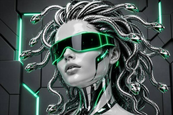 Serpent Vision – cyberpunk Medusa met robotslangen schilderij