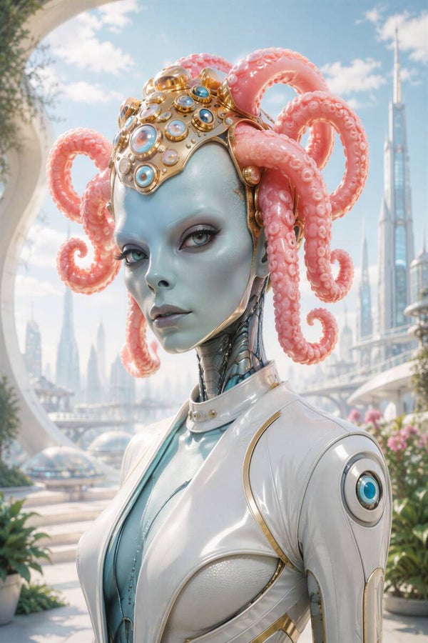 Cyber Medusa - Luxe Cyberpunk Alien Schilderij met Roze Octopustentakels