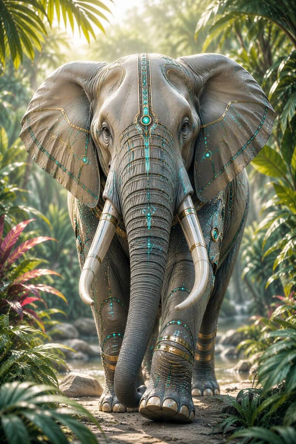 Cyber Elephant - Futuristisch Mechanisch Olifant Schilderij in de Jungle