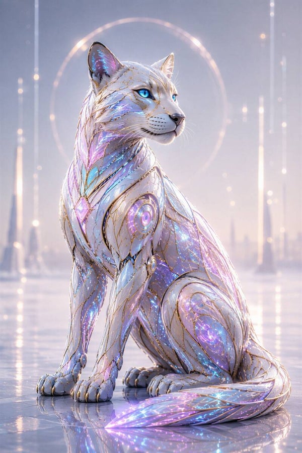 Luminous Puma - Luxe Mechanisch Poema Schilderij met Pastel Kristallen