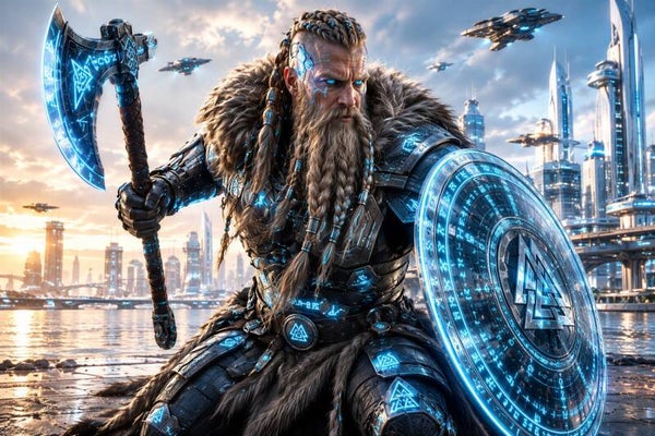Cyber Viking - Luxe Cyberpunk Noors Krijger Schilderij met Neon Blauwe Runen