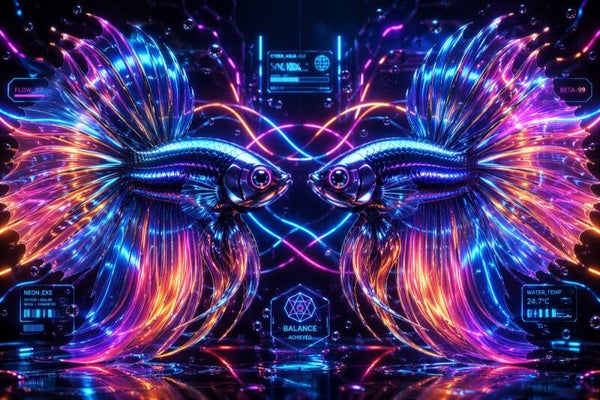 Cyber Neon Betta - Futuristisch Siamese Kemphaan Schilderij met Cyberpunk Vissen