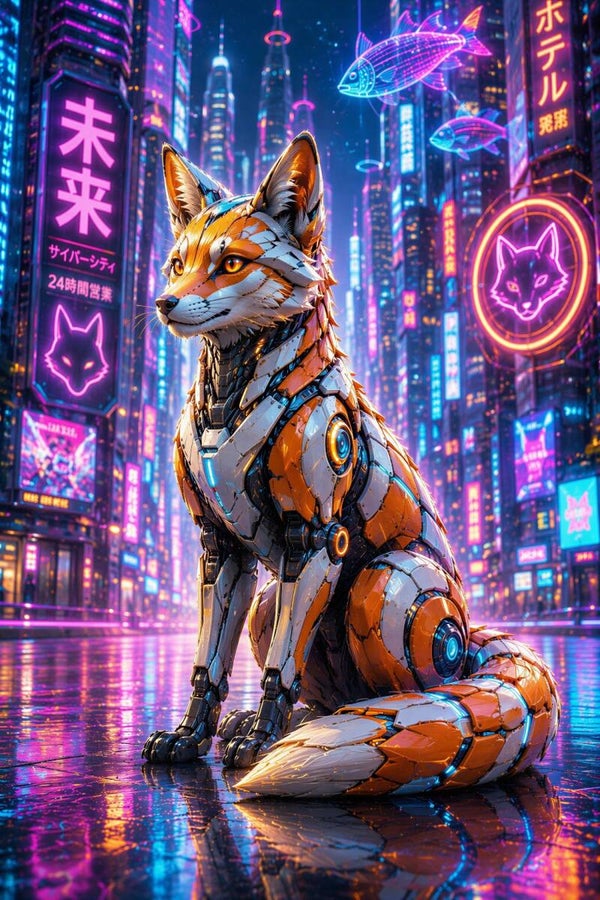 Cyber Fox - Futuristisch Mechanisch Vos Schilderij in Cyberpunk Stad