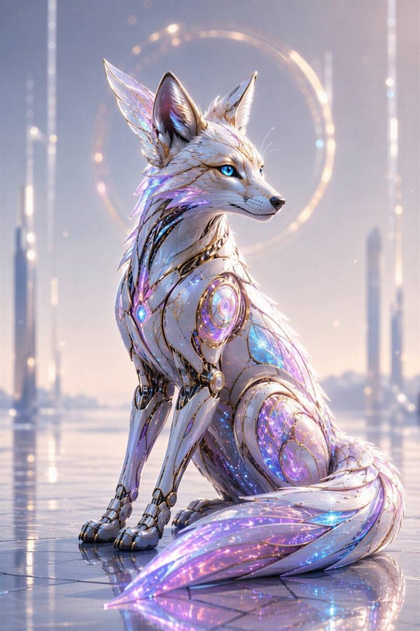 Luminous Kitsune - Luxe Mechanisch Vossen Schilderij met Pastel Kristallen