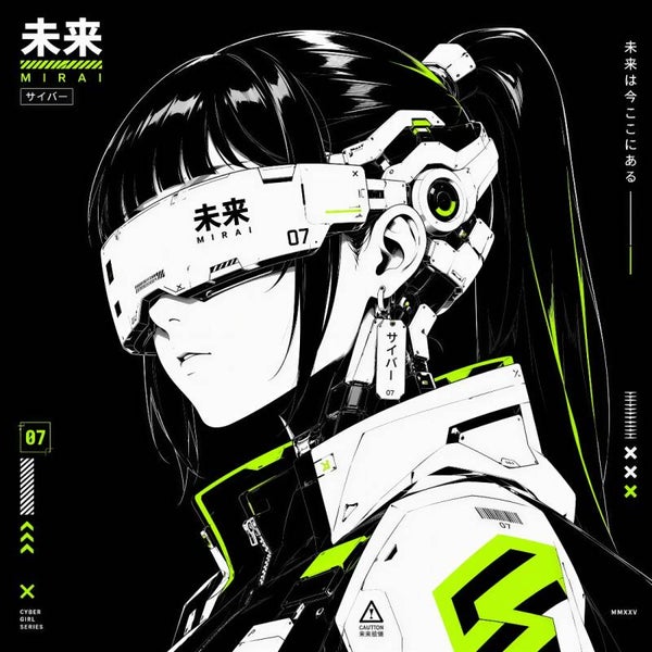 Mirai Cyber Girl – Futuristisch Cyborg Vrouw Schilderij Zwart Wit Neon Groen