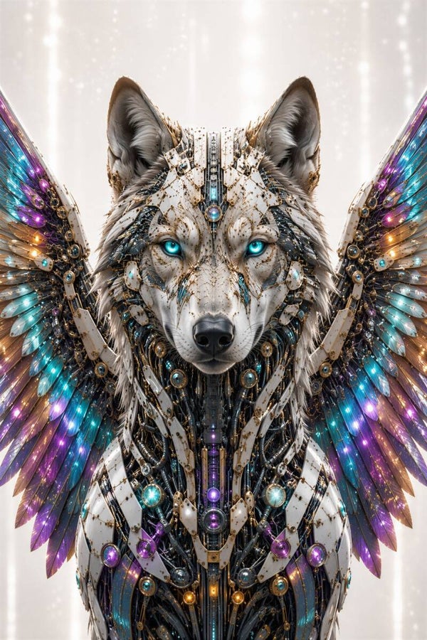 Cyber Valkyrie Wolf - Luxe Mechanisch Wolf Schilderij met Neon Vleugels