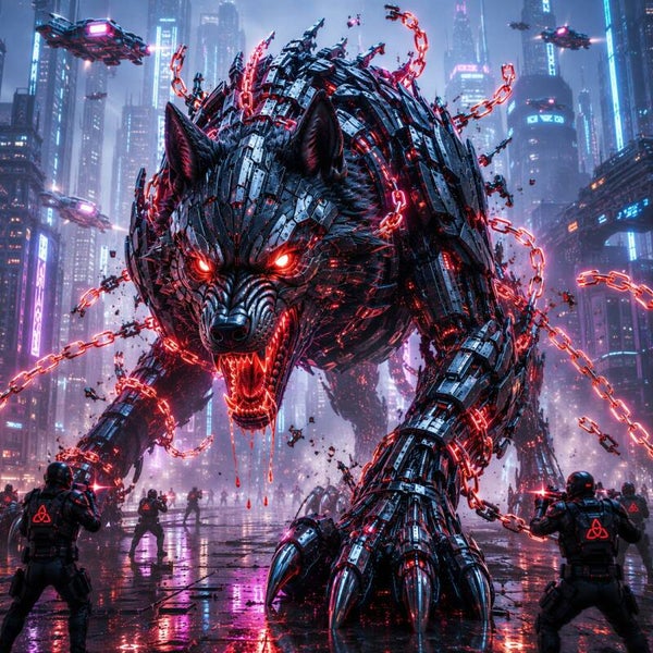 Chainbreaker – Cyber Wolf Schilderij in Futuristische Stad met Rode Neon