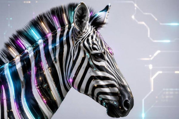 Cyber Zebra - Futuristisch Mechanisch Zebra Schilderij met Neon Strepen