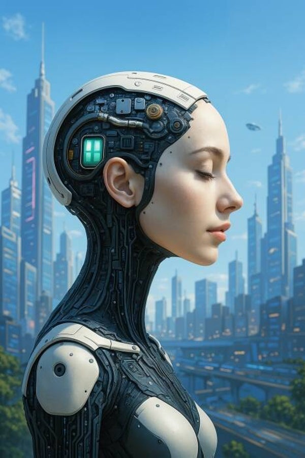 Synth Serenity – Schilderij van een vrouwelijke cyborg in rustige toekomststad