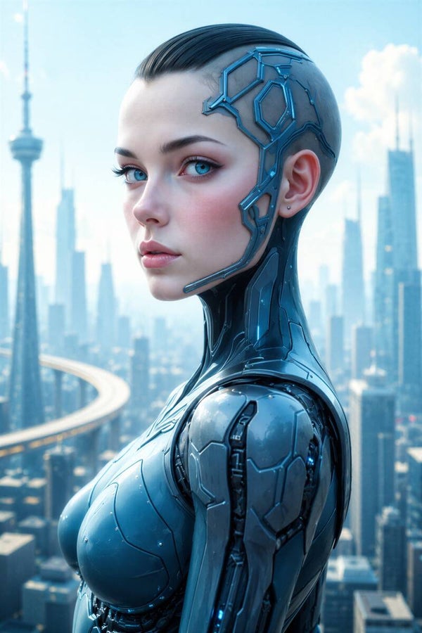 Cyber Horizon - Luxe Cyberpunk Gynoid Schilderij met Futuristisch Stadsgezicht