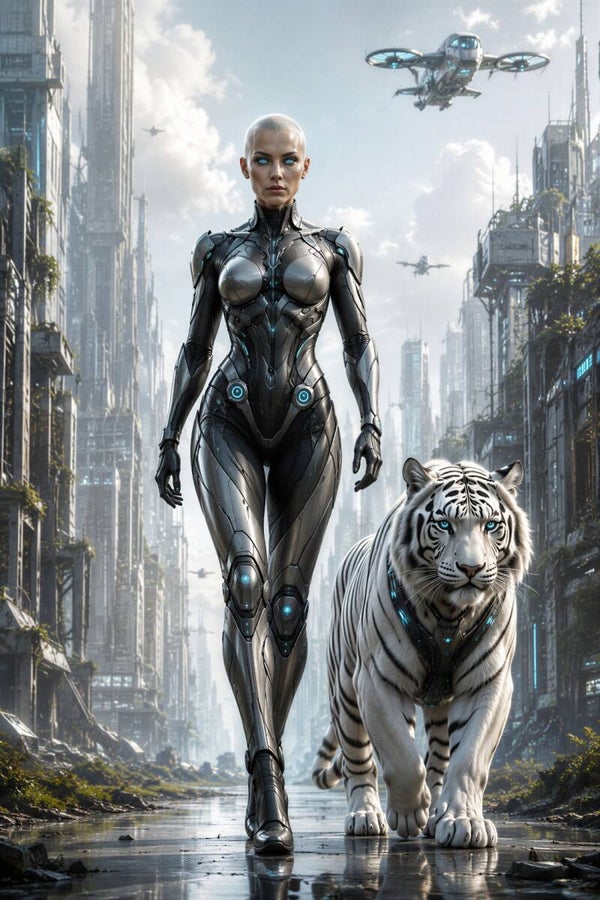 White Tiger Protocol – cyborg vrouw met witte tijger schilderij
