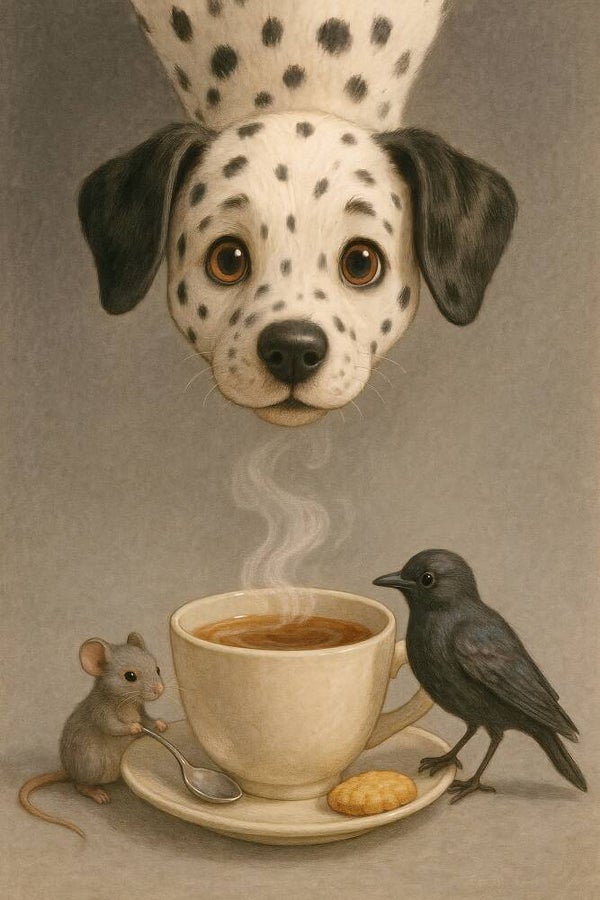 Stipgeluk – koffiemoment met Dalmatiër, muis en vogel