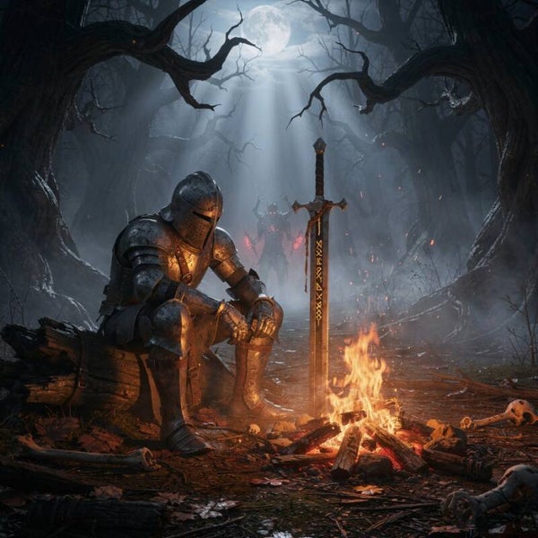 Ridder bij kampvuur — Dark Fantasy — Sfeervol Portret