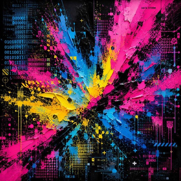Data Storm – Abstract Cyber Graffiti Schilderij Roze Blauw Geel