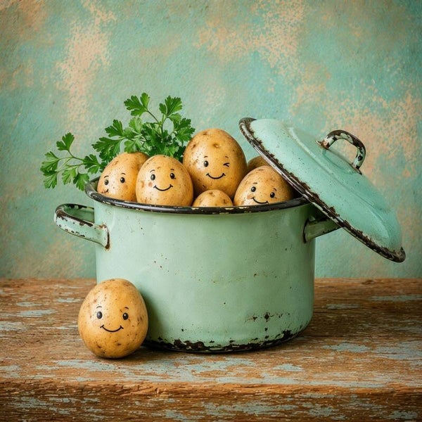 De Aardappelclub – grappig schilderij met vrolijke aardappels in vintage emaille pan