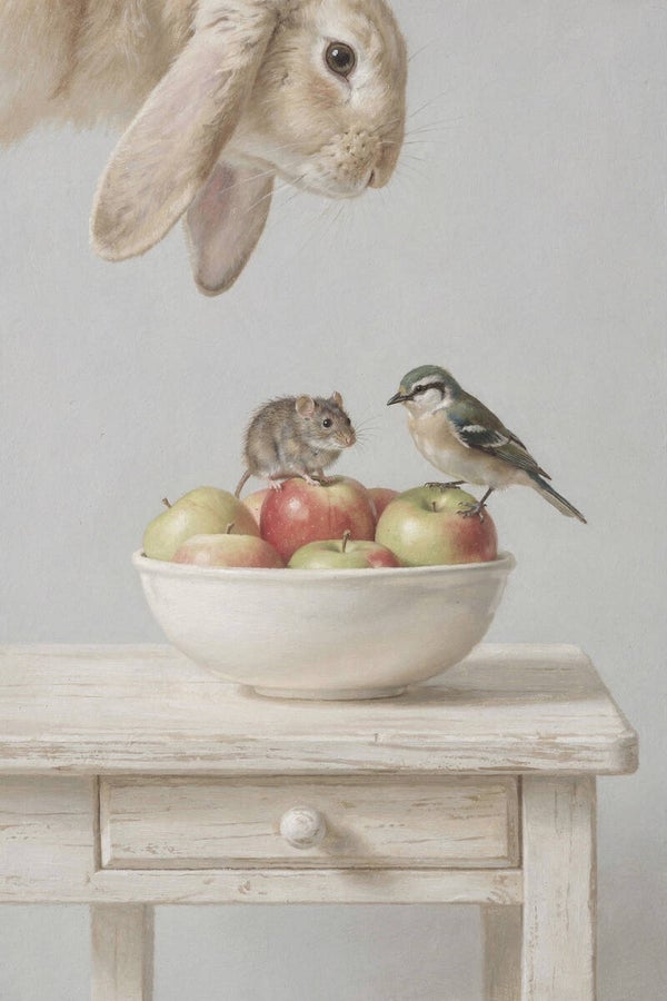 De appeloogst – schilderij in landelijke woonstijl met konijn, vogel en muis