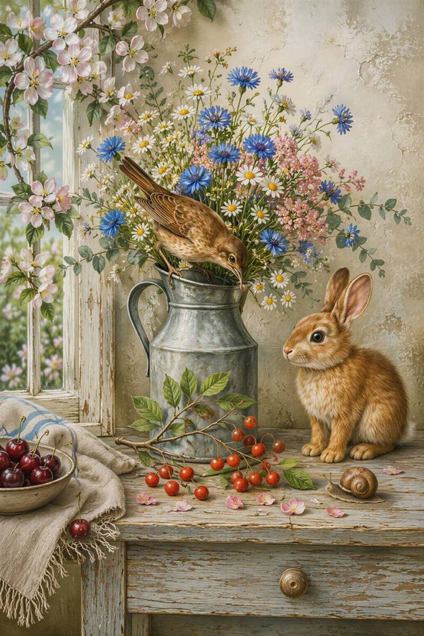De Bessenwachters – konijn vogel bloemen schilderij landelijk stilleven