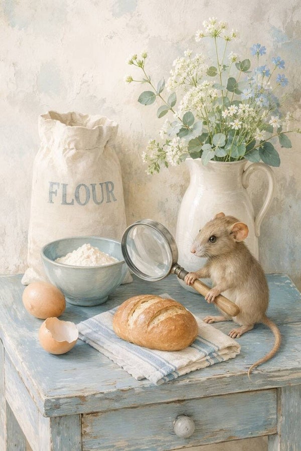 De Broodinspecteur – landelijk schilderij met muis, vers brood en vergrootglas