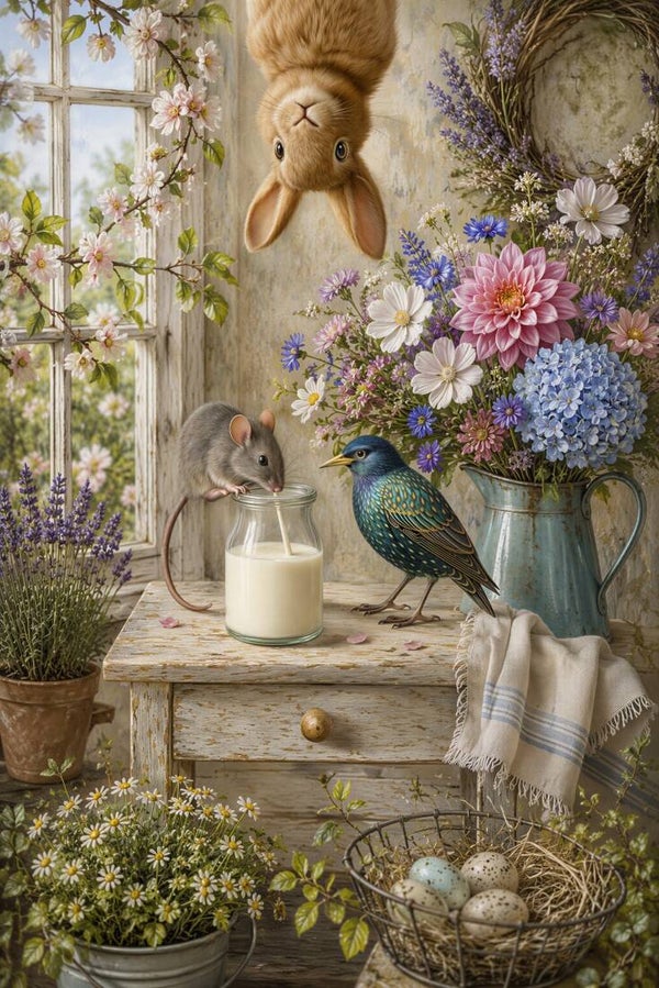De Buikjesschoonmakers – dieren schilderij konijn muis vogel landelijke keuken