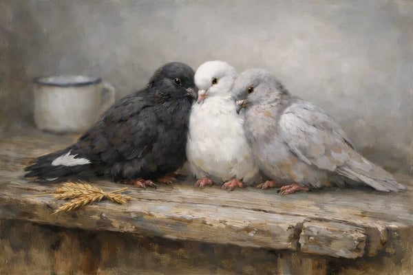 De Graanbelofte – schilderij met drie duifjes op landelijke tafel