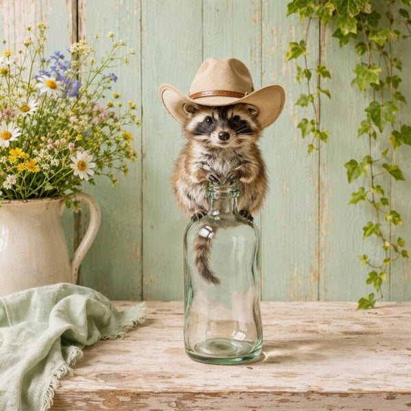 De Kleine Sheriff – schilderij met wasbeer in cowboyhoed op glazen fles