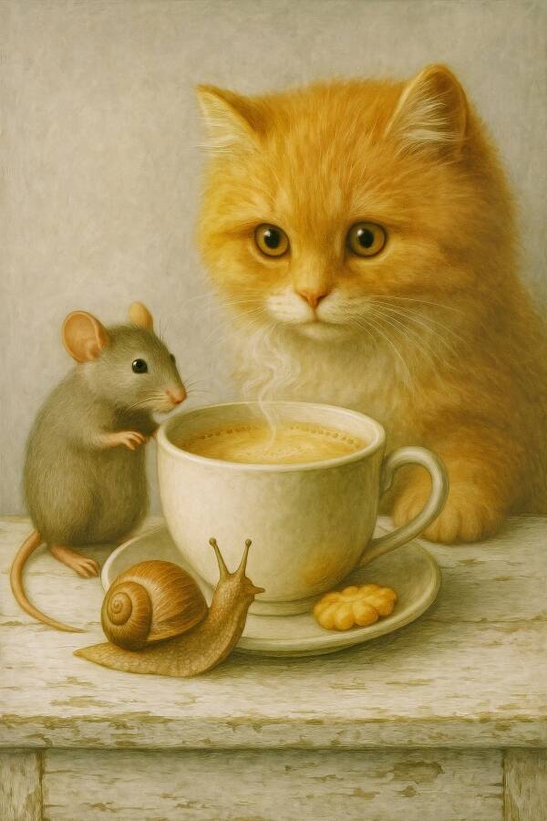 De Koffiekring van Drie – schilderij kat, muis en slak bij kop koffie