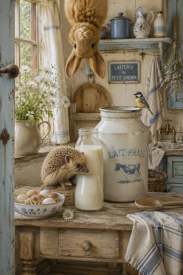 De Melkgenoot – dieren schilderij konijn egel melk landelijke keuken