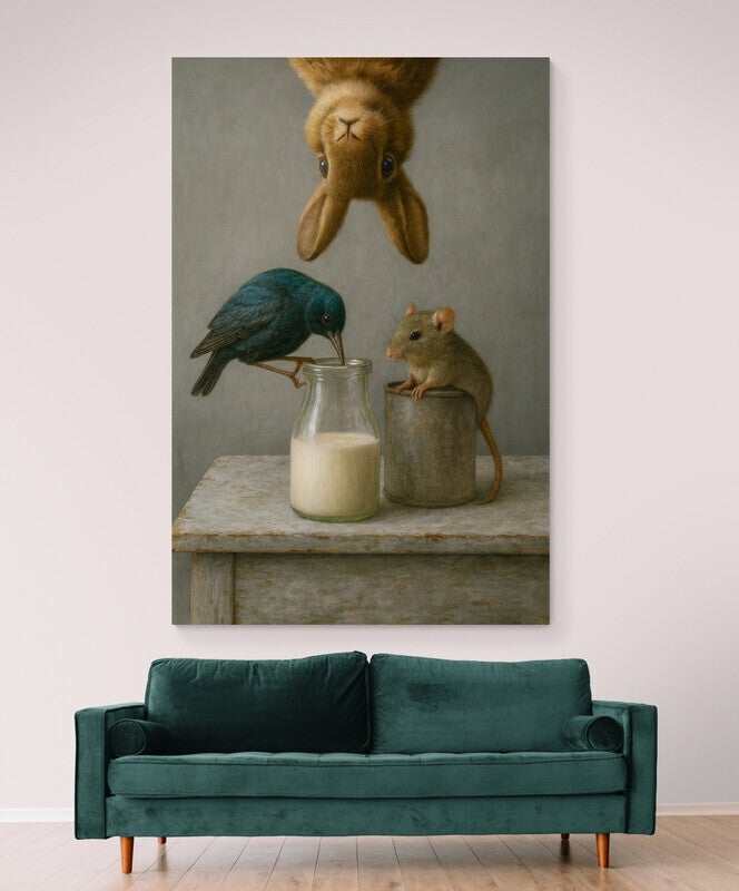 Nostalgisch schilderij met konijn, vogel en muis