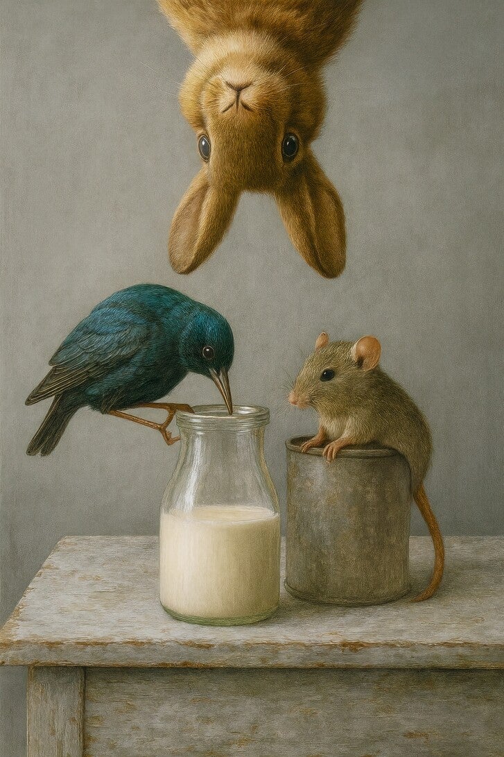 De Melkrovers – dieren schilderij konijn vogel muis