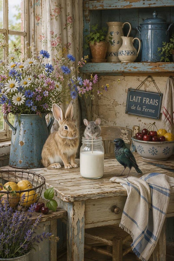De Melkvriendjes – dieren schilderij konijn muis vogel landelijke keuken