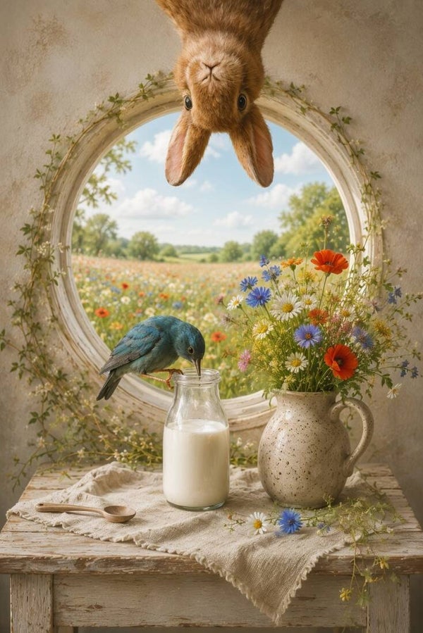 De nieuwsgierige melkrovers – landelijk schilderij konijn vogel melk bloemen