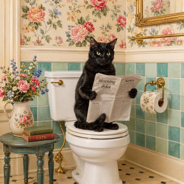 De Ochtendkrant – landelijk schilderij zwarte kat badkamer toilet