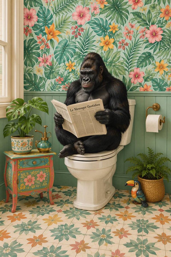 De Ochtendkrant van de Gorilla – landelijk schilderij gorilla toilet badkamer
