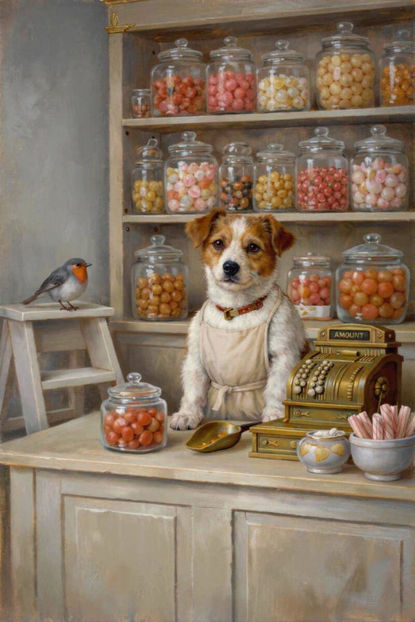 De Snoepwinkel – landelijk schilderij met hond achter de toonbank