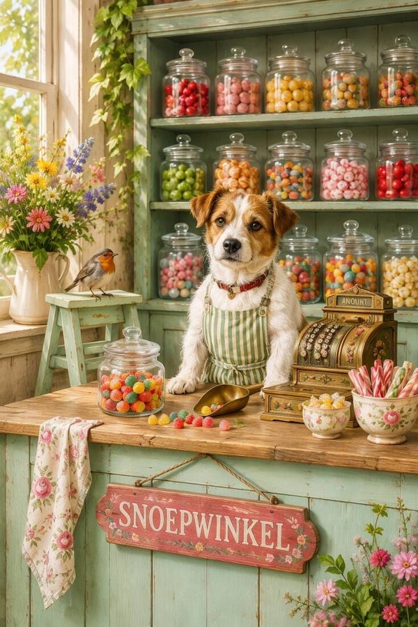 De Snoepwinkel – schilderij met hond in snoepwinkel en vintage kassa