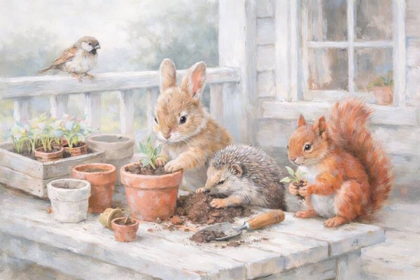 De Stekjesclub – landelijk schilderij met konijn, egel en eekhoorn
