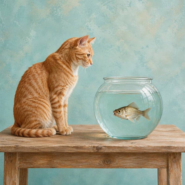 De Stille Ontmoeting – landelijk schilderij kat goudvis vissenkom