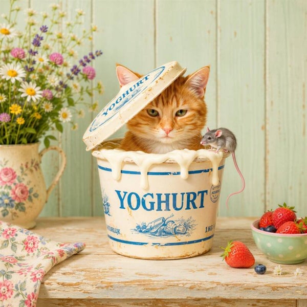 De Stoute Snoeper – Schilderij Kat in Yoghurtpot – Nostalgisch Stilleven