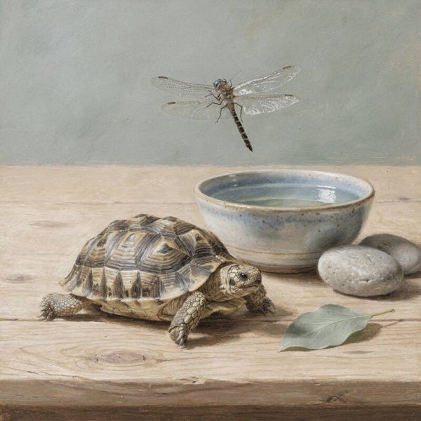 De Tijd Neemt de Tijd – schilderij met schildpad en libelle in landelijke stijl