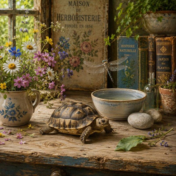 De Tijd Neemt de Tijd – schildpad schilderij libelle bloemen landelijk