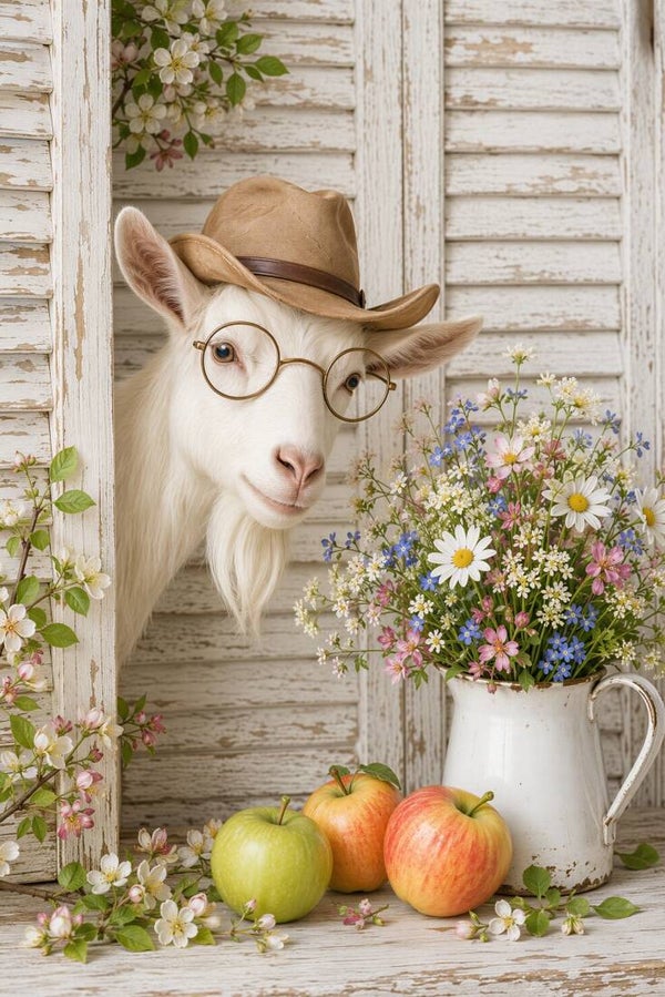 De Zachte Toeschouwer – landelijk geit schilderij cowboy bril bloemen