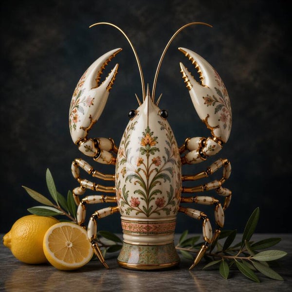 Gouden Kreeft – luxe kreeft wanddecoratie met bloemen, citroen en goud